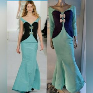 □$8,000 OSCAR DE LA RENTA SILK AQUA BLUE GORGEOUS FAIRYTALE RUNWAY GOWN US M